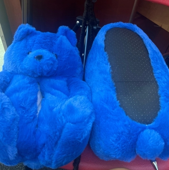 None Shoes - Blue Teddy Bear Plush Slippers